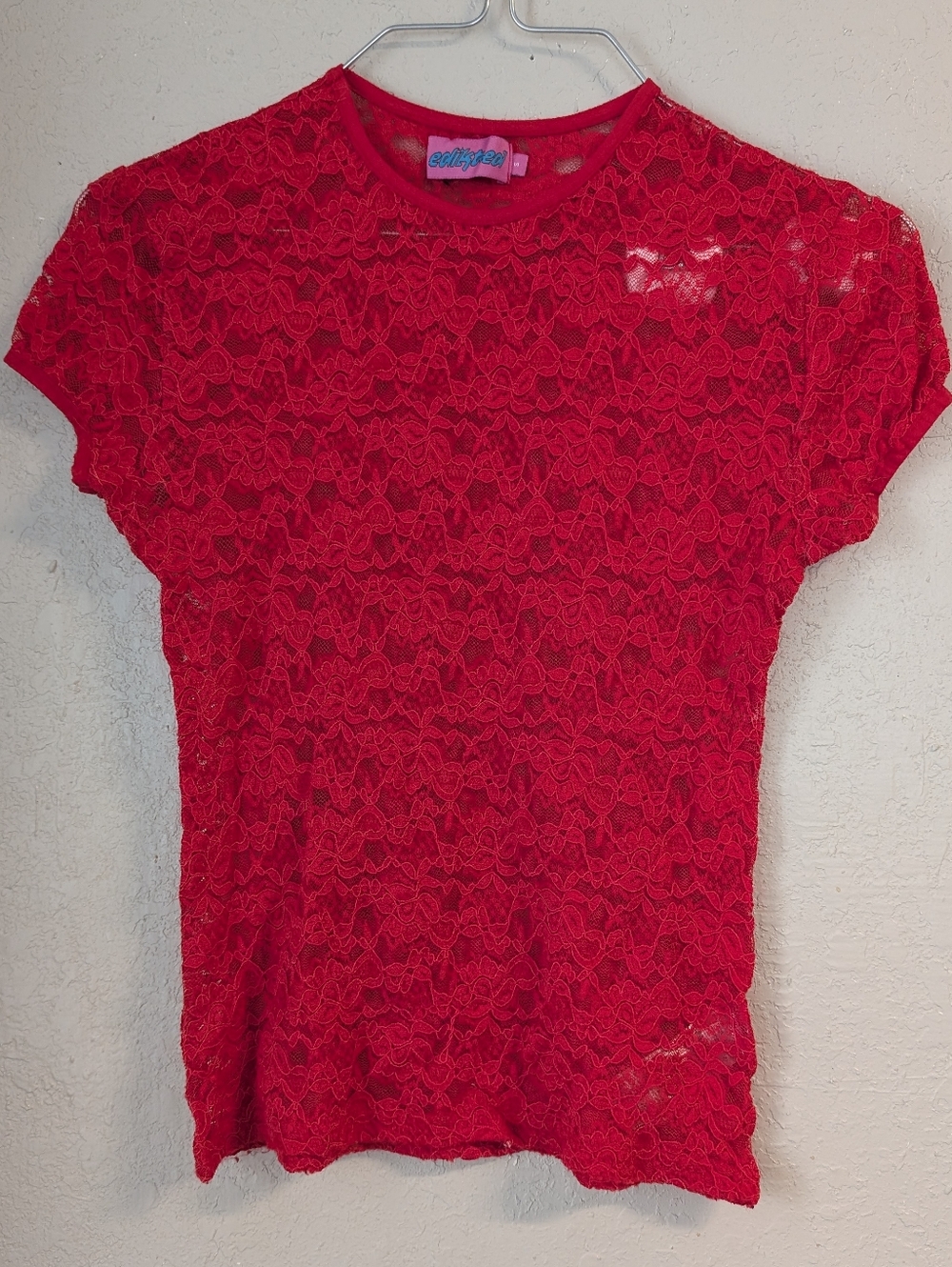 Y2K Vtg Edikted Red Lace Crewneck Tee S Baby Tee Punk Grunge Dainty Floral Sheer